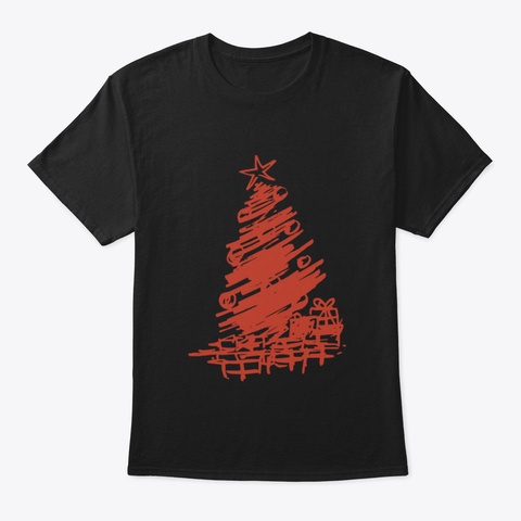 Red Christmas Tree Drawing Black T-Shirt Front