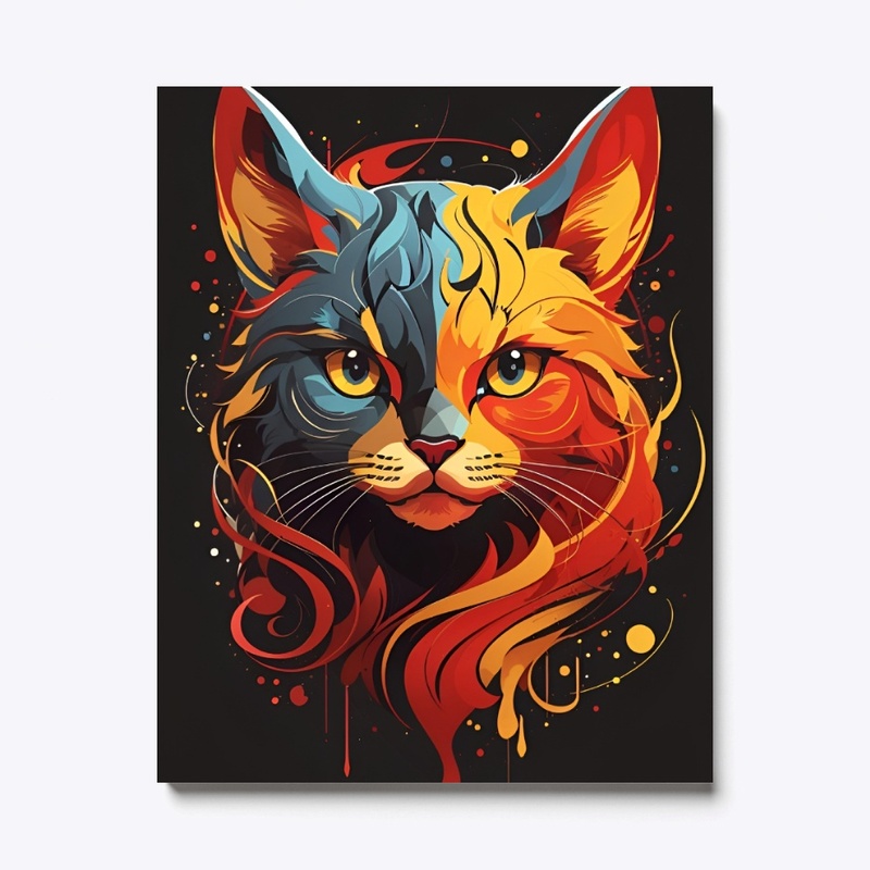 Red Yellow illustration Cat Wall Art