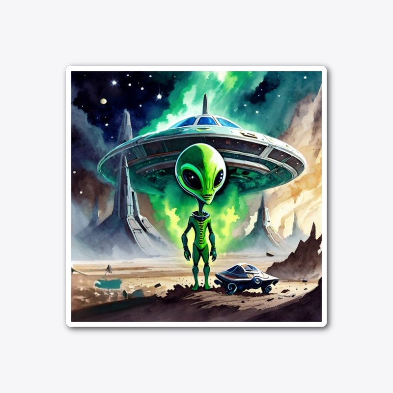 Space alien in front of a spaceship