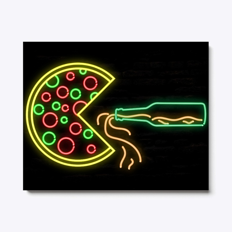 Packman Pizza Drinking Beer Neon