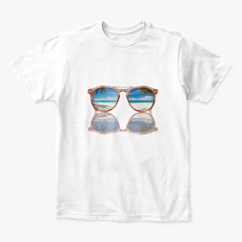 Sunglasses reflecting a beach scene 