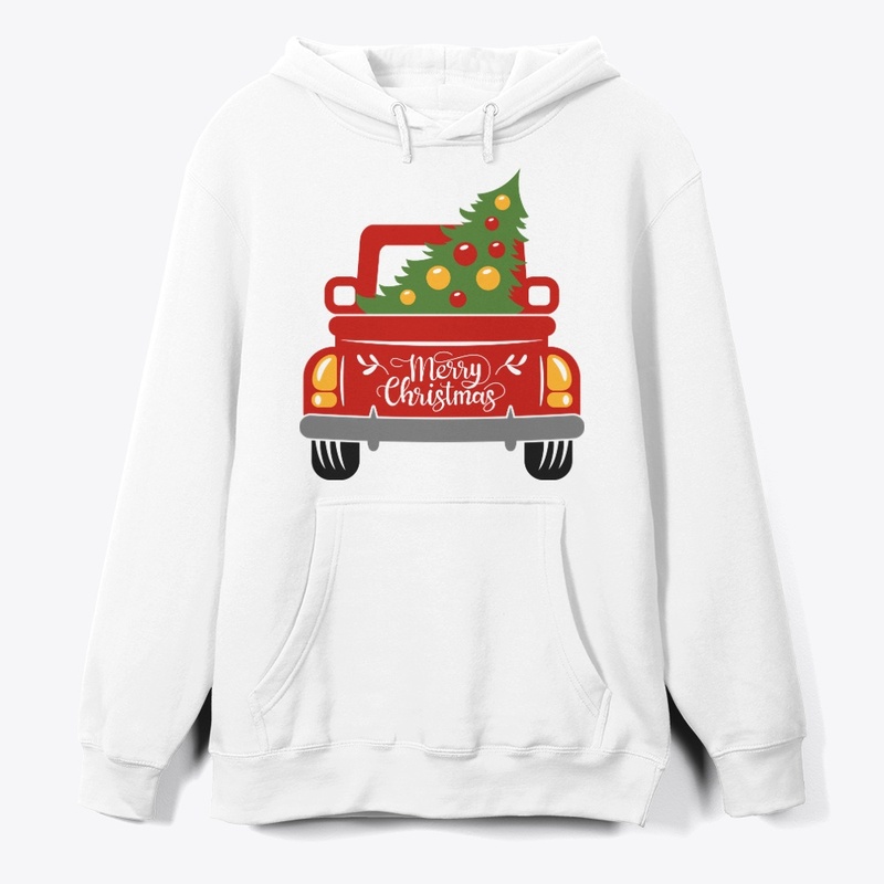 Vintage red trucks with christmas tree