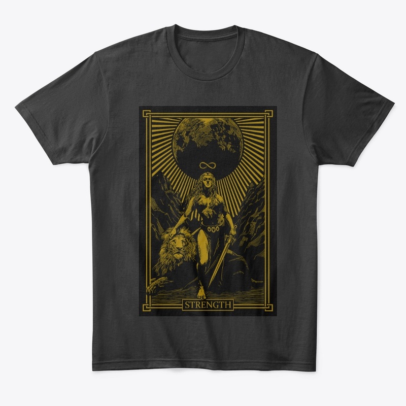 STRENGTH TAROT ORANGE ON BLACK DESIGN