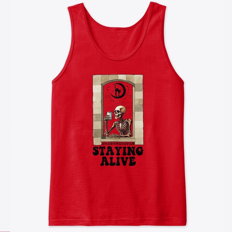 Staying Alive Skeleton Drinking Coffee