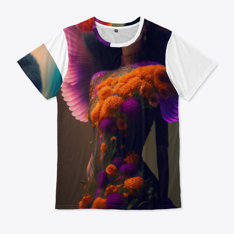 An angel in a dress made of flowers