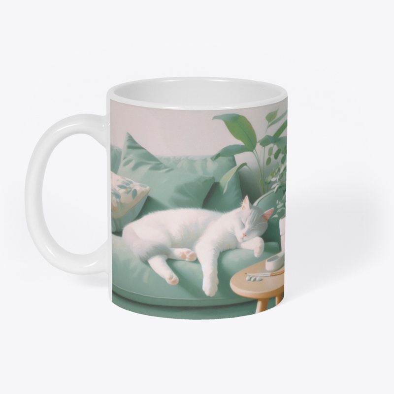 oil painting of a white cat sleeping 