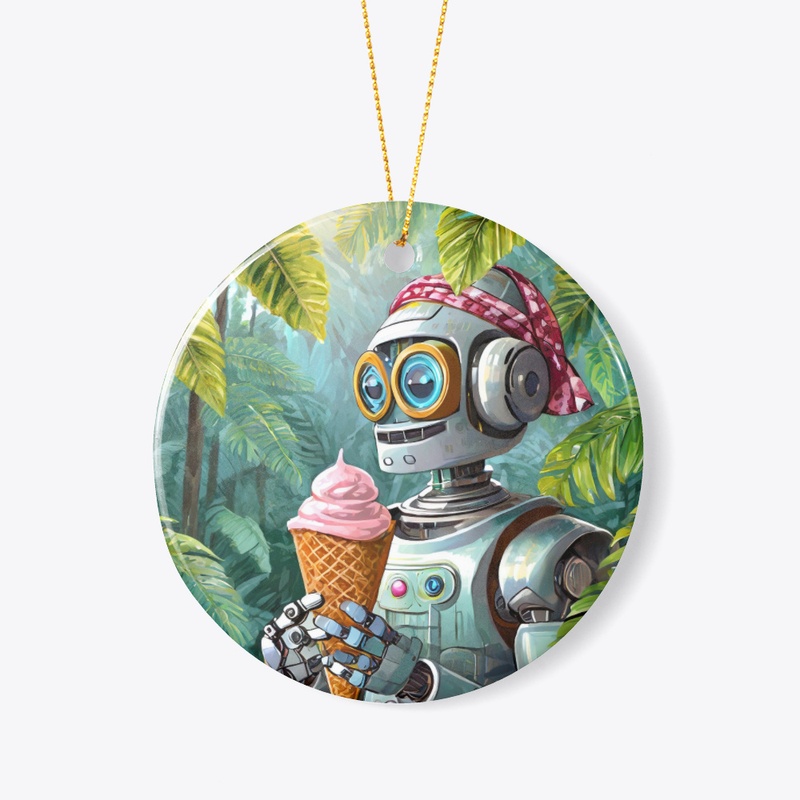 Robot eating icecream in the jungle