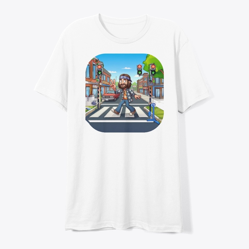 A hippie crossing a street