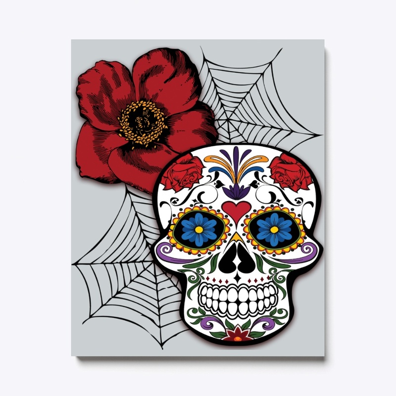 Colorful Sugar Skull with Red Flower