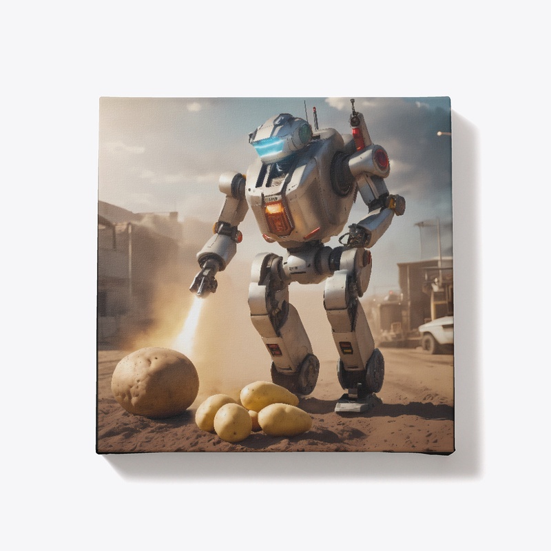 A robot attacking a potato.