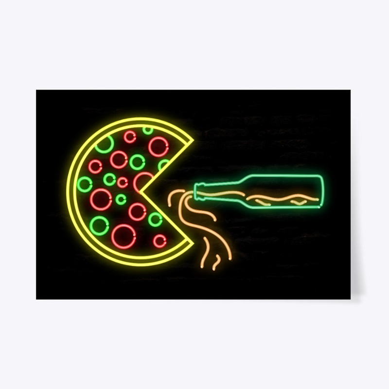 Packman Pizza Drinking Beer Neon