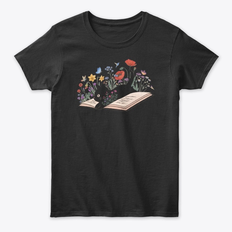 Black Cat & Blooming Book Whimsical