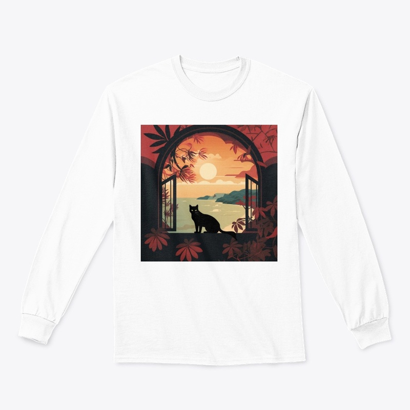 Cat In The Window At Sunset View Of The