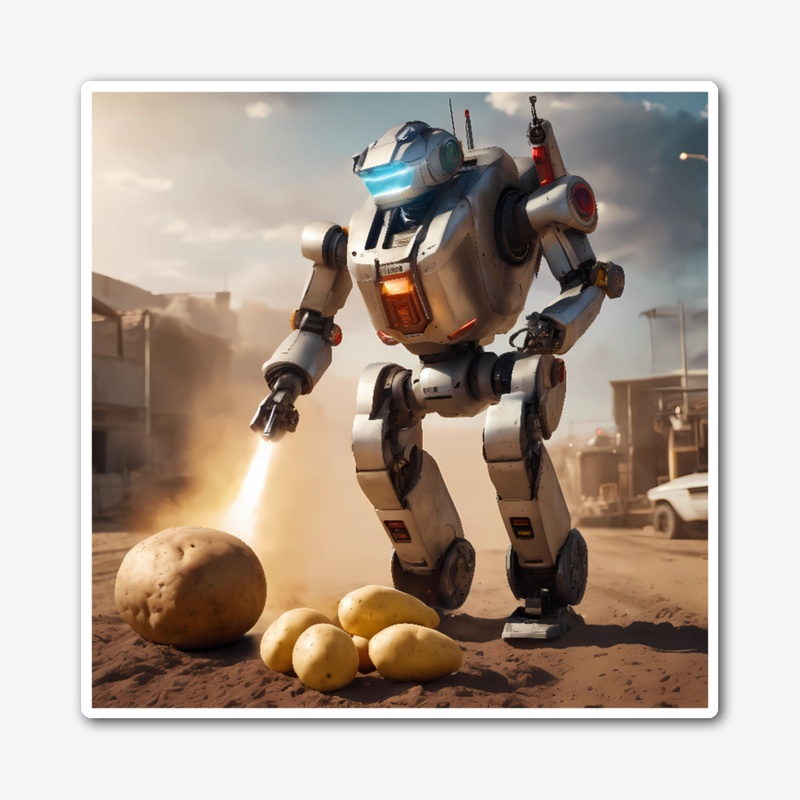 A robot attacking a potato.