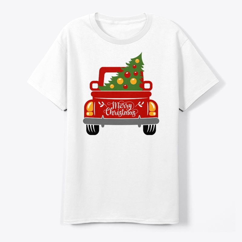 Vintage red trucks with christmas tree