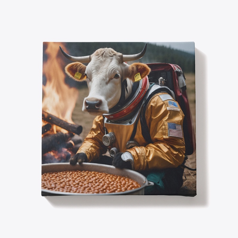 A cow eating baked beans