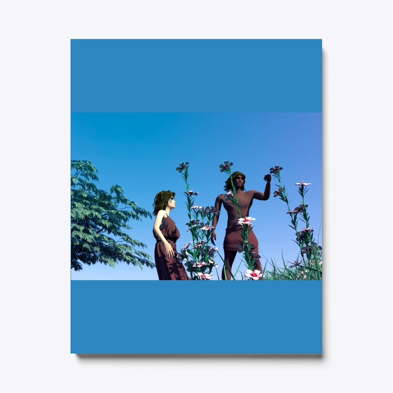 Adam and Eve looking at some flowers