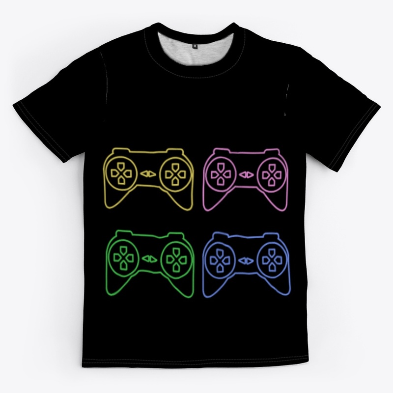 a colourful controller ,T-shirt.