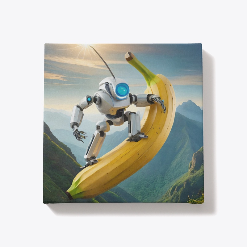 A robot riding a banana