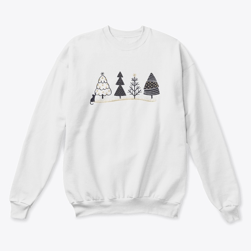 Winter night Christmas trees with cat