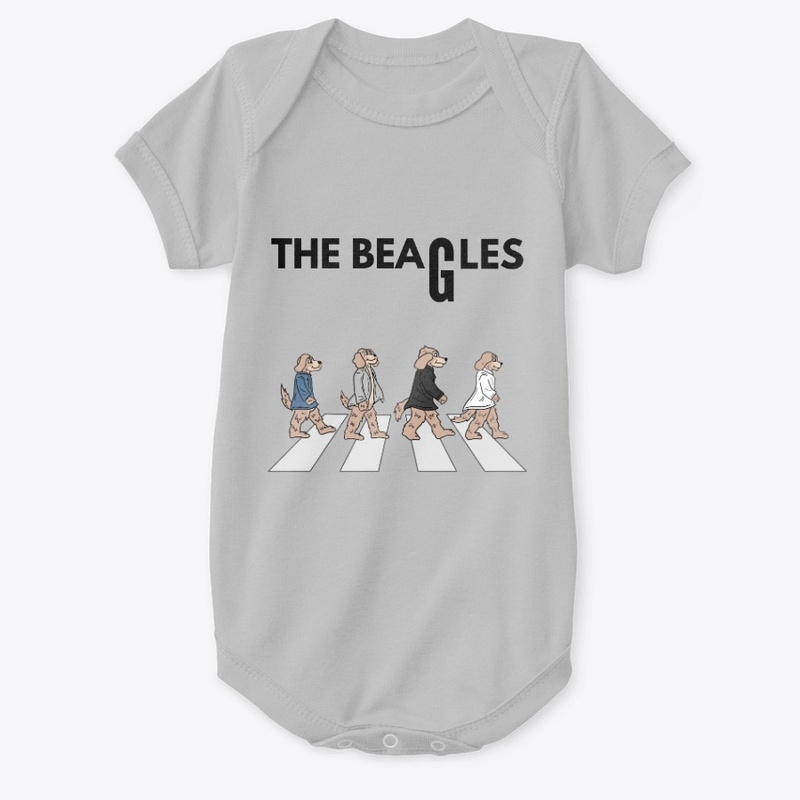 Four Beagles wearing Jackets walking