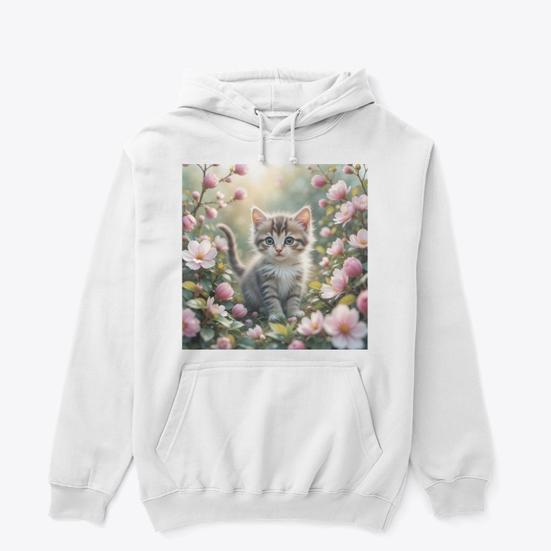 A kitten playing in a flower garden 