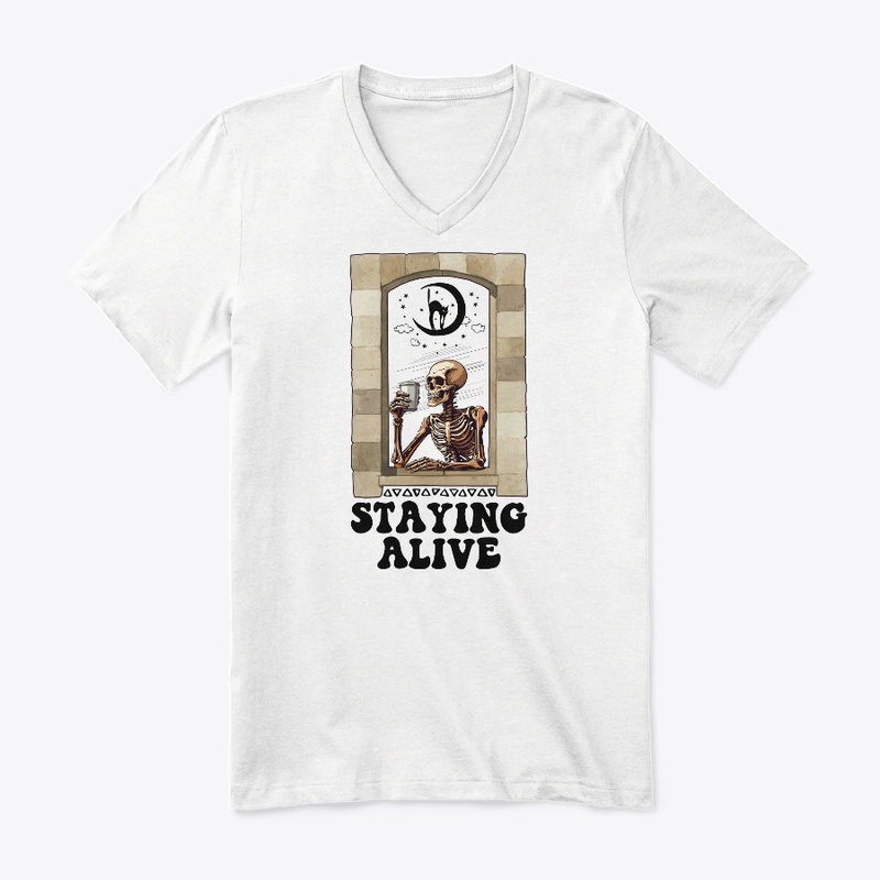 Staying Alive Skeleton Drinking Coffee