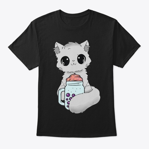 Kawaii Cat Bubble Tea Milk Cute Cat Japa Black T-Shirt Front