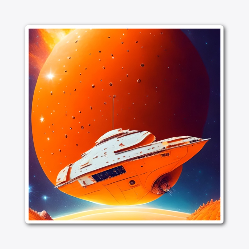 A spaceship in front of an orange