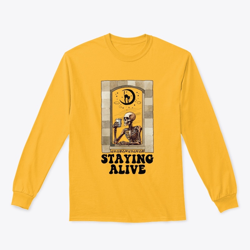 Staying Alive Skeleton Drinking Coffee