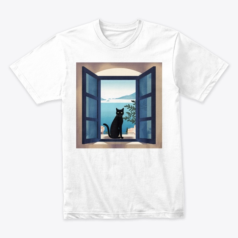  Cat In The Window Blue Sea Background