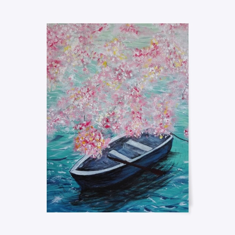 Fishing boat & Cherry Blossom tree