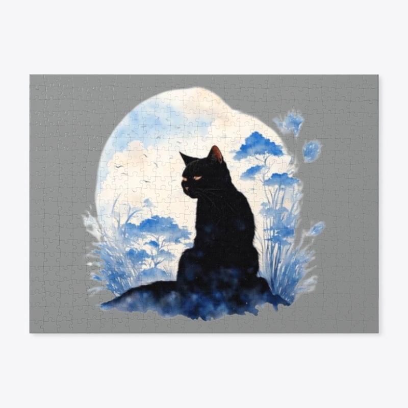 Black Cat Among Blue Flowers