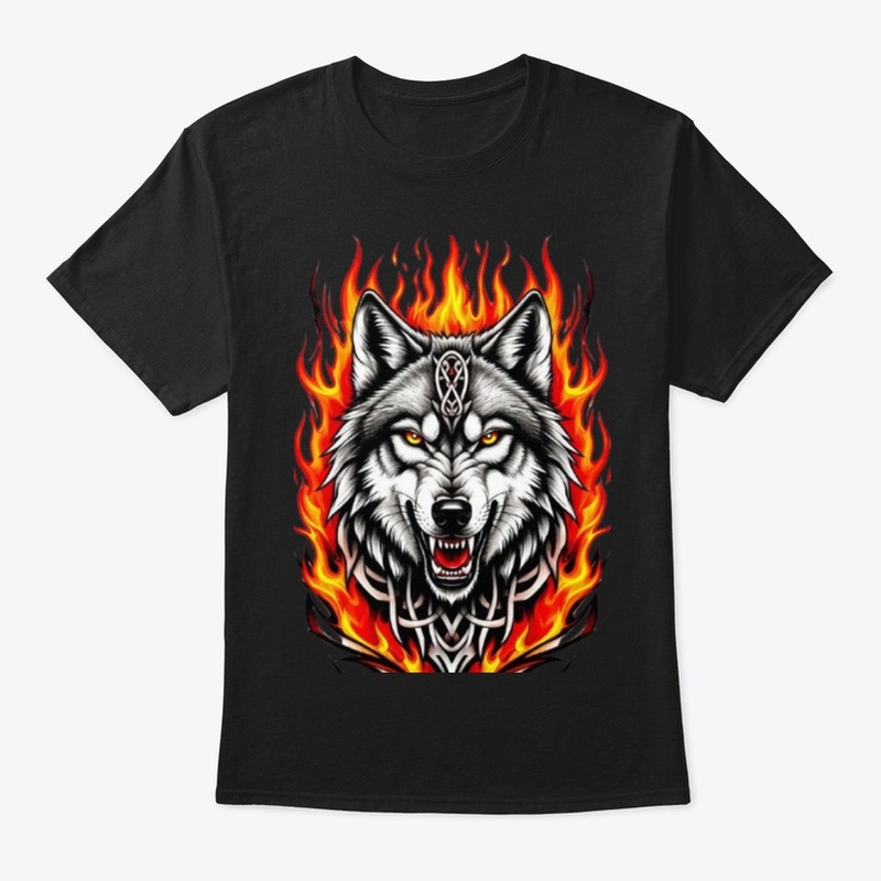 wolf head surrounded by blazing flames.