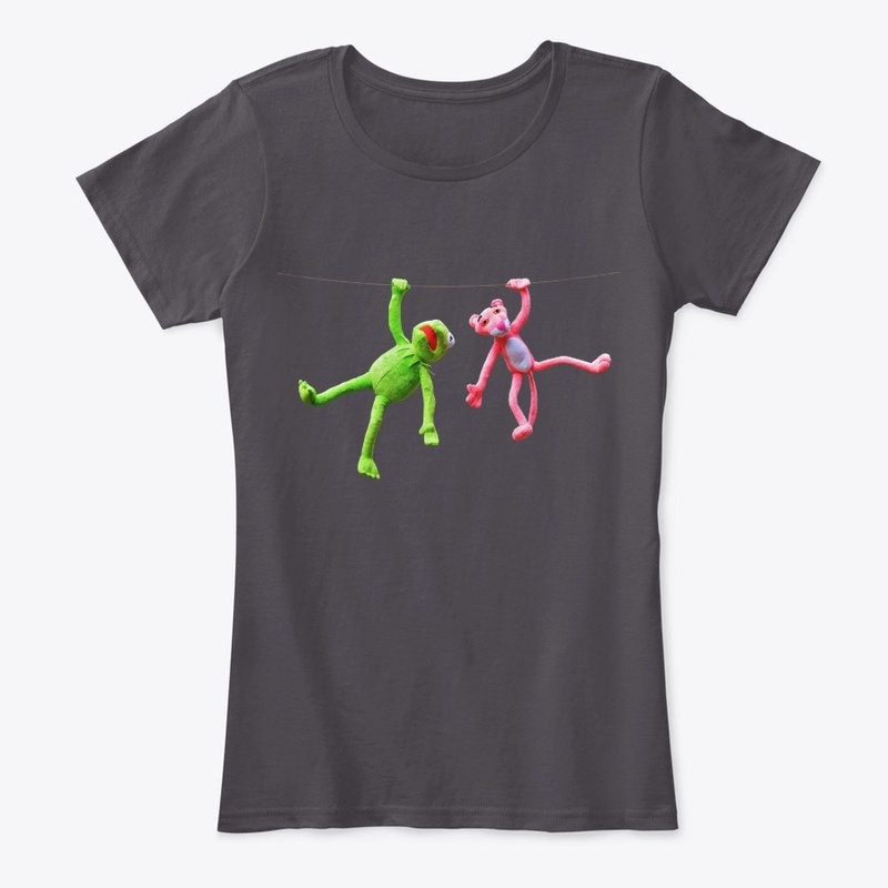 The pink panther and green frog hanging 
