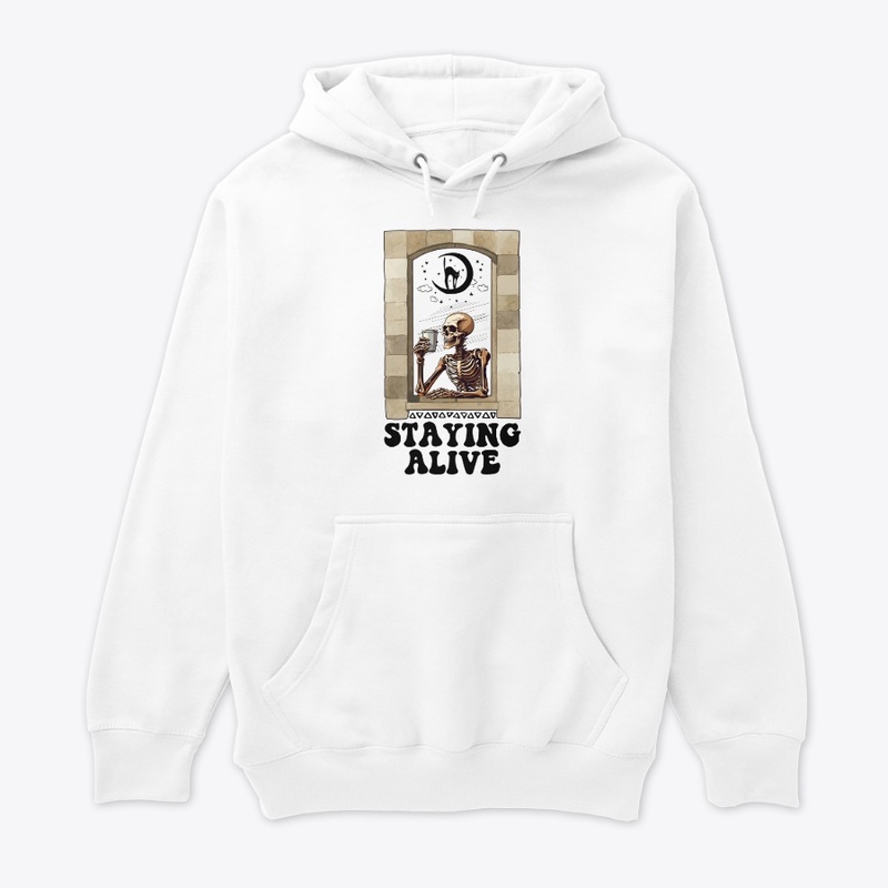 Staying Alive Skeleton Drinking Coffee