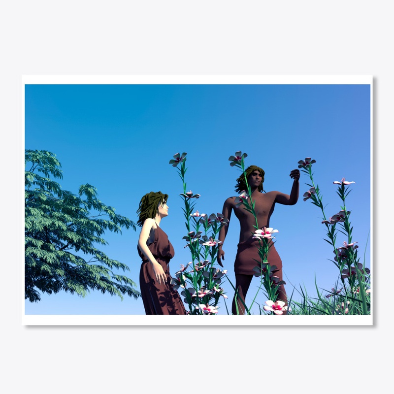 Adam and Eve looking at some flowers
