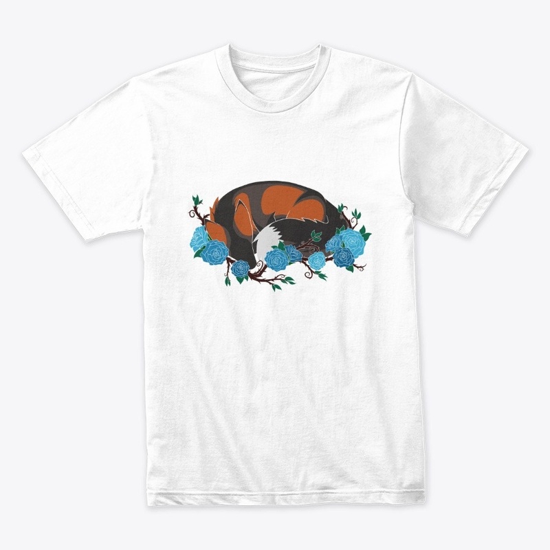 Laying fox with blue roses