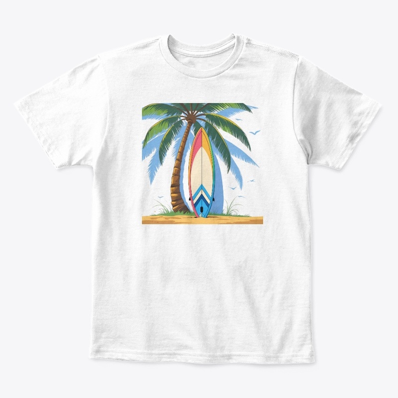 Surfboard leaning on a palm tree 