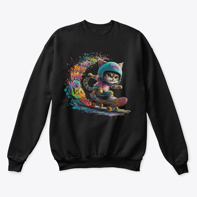 Cat skiing down a street of colors