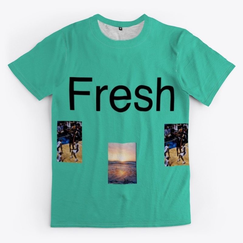 Blue tee with ocean and jump shot