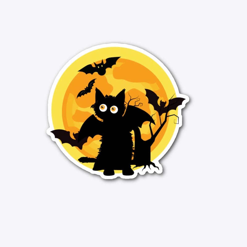 Halloween cat, bats, and moon silhouette
