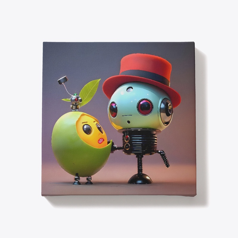 A mango with a robot with a top hat