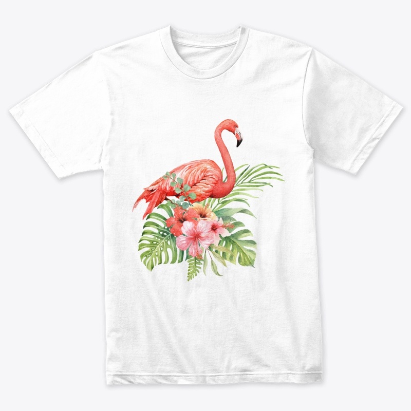 Watercolor flamingo in hibiscus bouquet