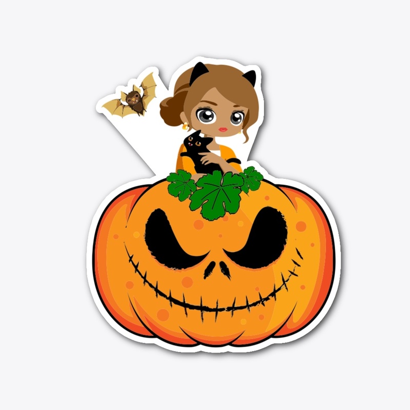 HALLOWEEN STICKER, BLACK CAT, BAT, GIRL
