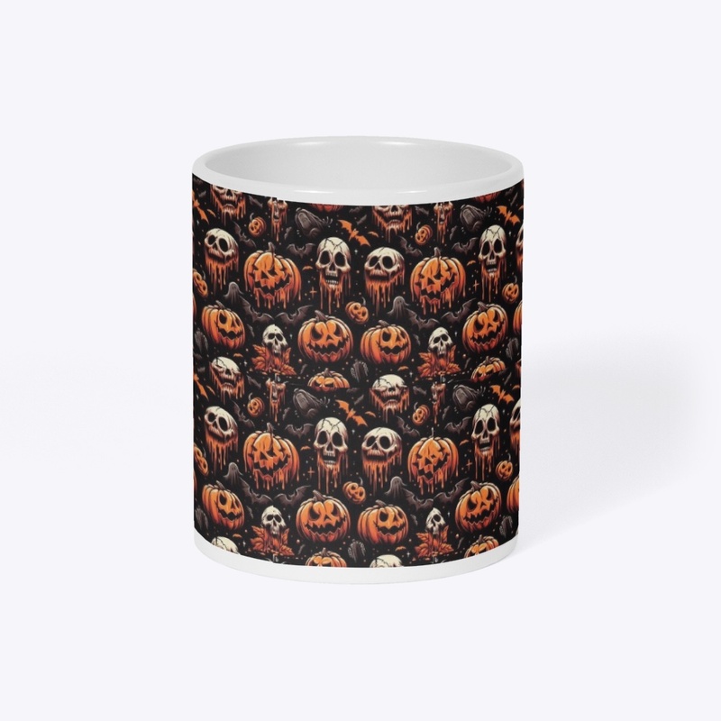 Spooky skulls and pumpkins mug