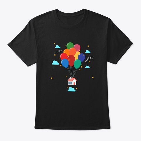 Flying House With Colorful Balloons Moti Black T-Shirt Front