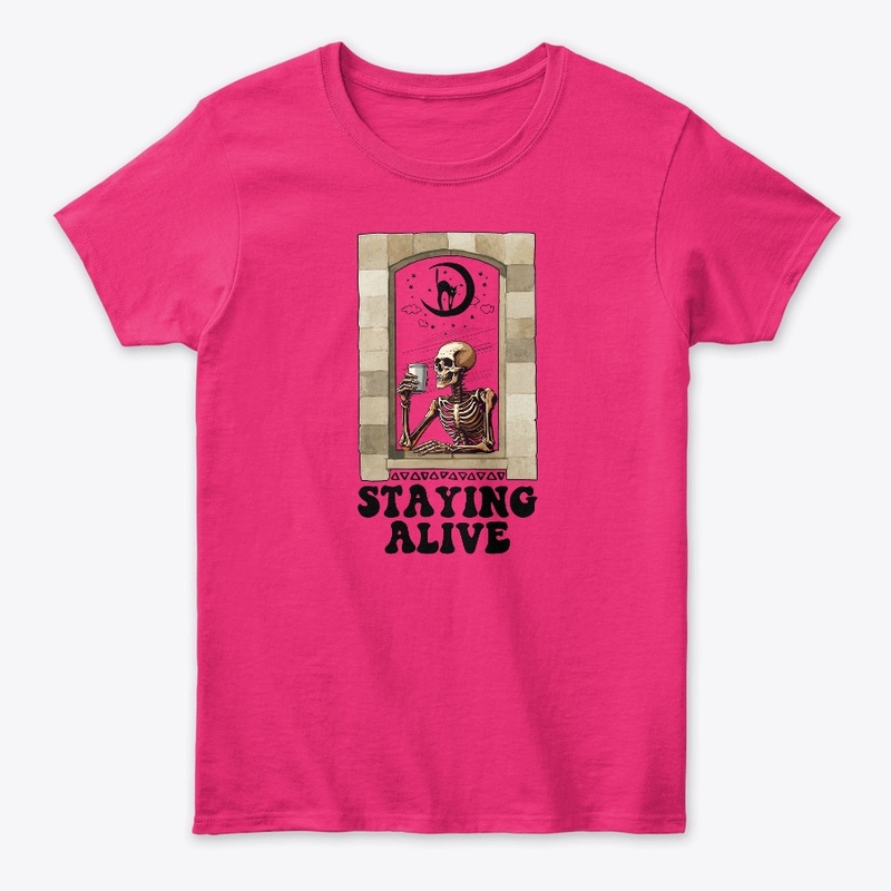 Staying Alive Skeleton Drinking Coffee