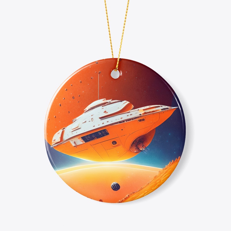 A spaceship in front of an orange
