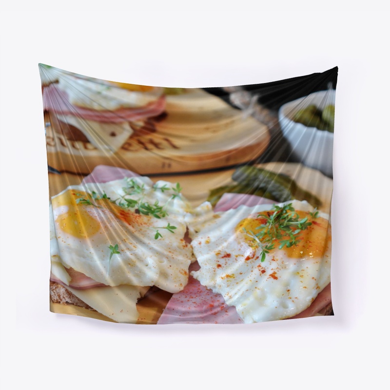 Fried eggs bread ham tapestry